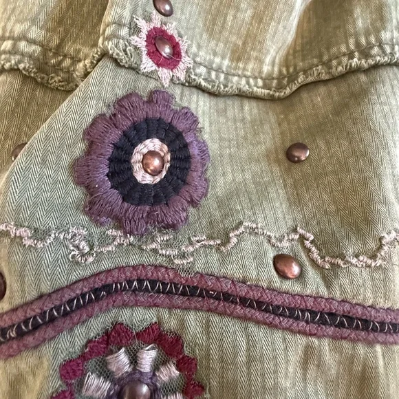 Free People “So Down” Military Olive Utility Jacket with Burgundy Details